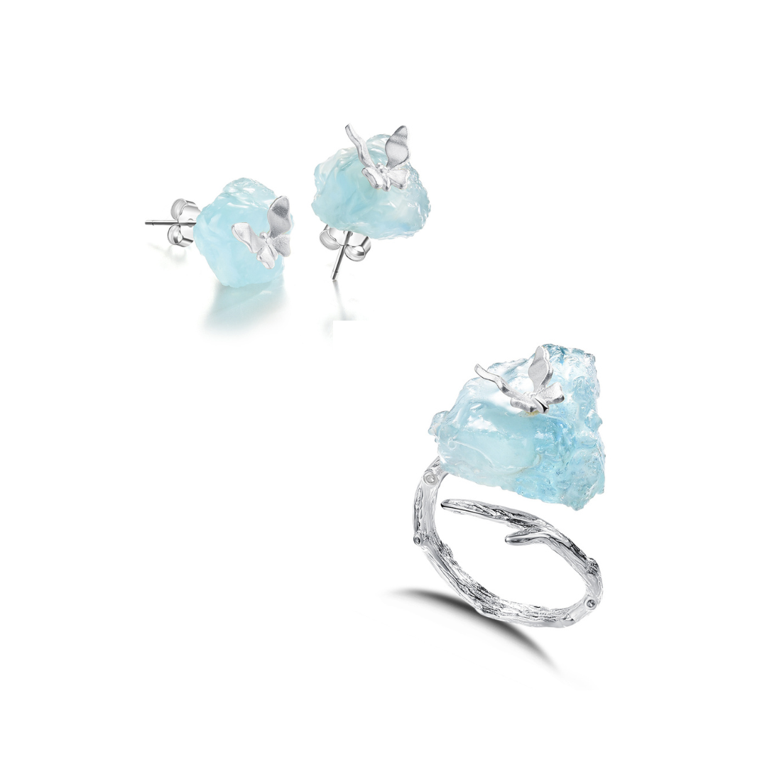 Aquamarine Butterfly Earring & Ring Set